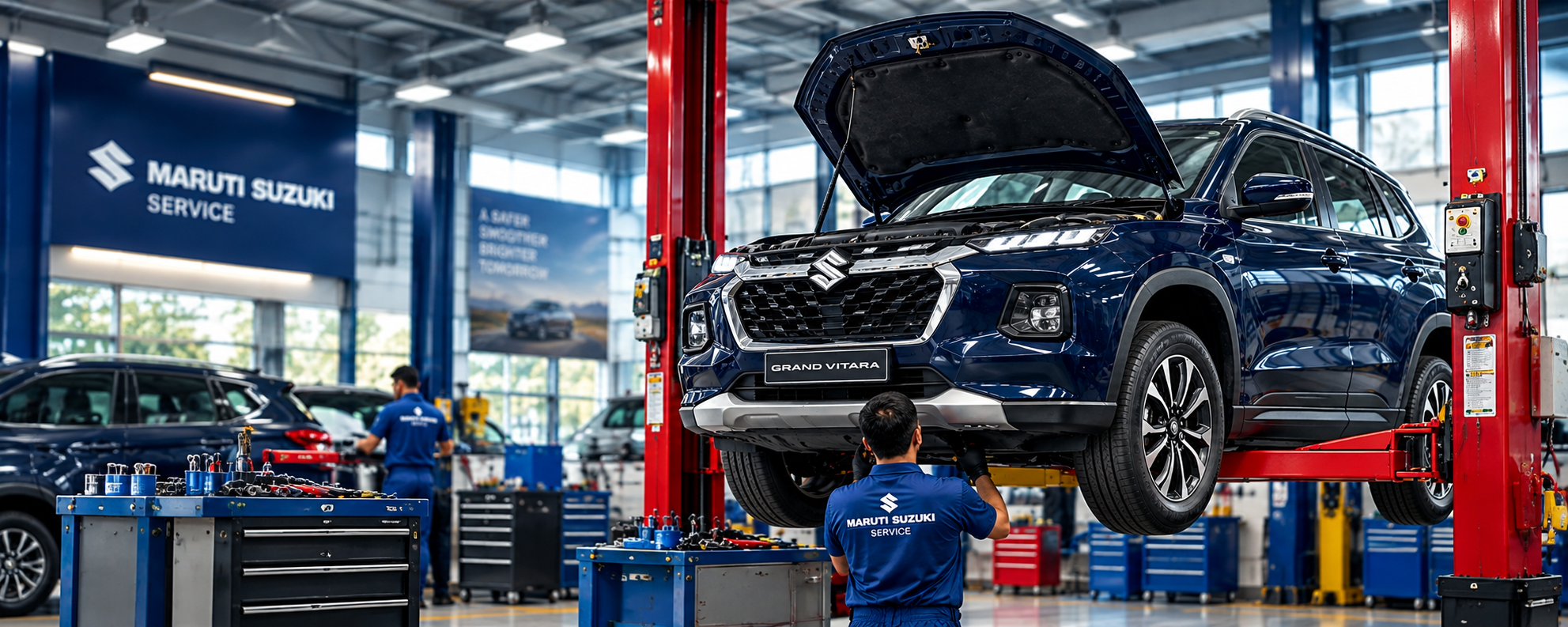 Car being serviced in a professional automotive workshop